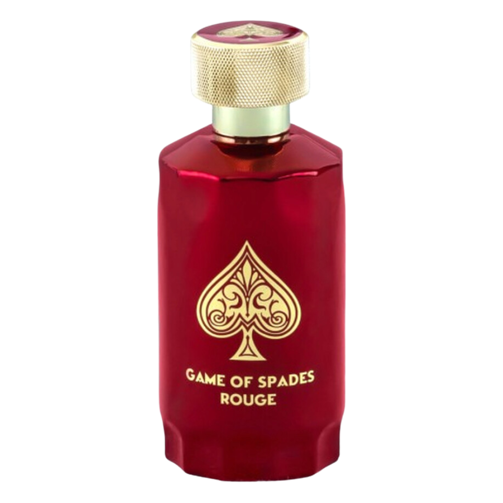 Luxurious red bottle with gold detailing and cap of Game Of Spades Rouge Parfum for niche fragrance lovers