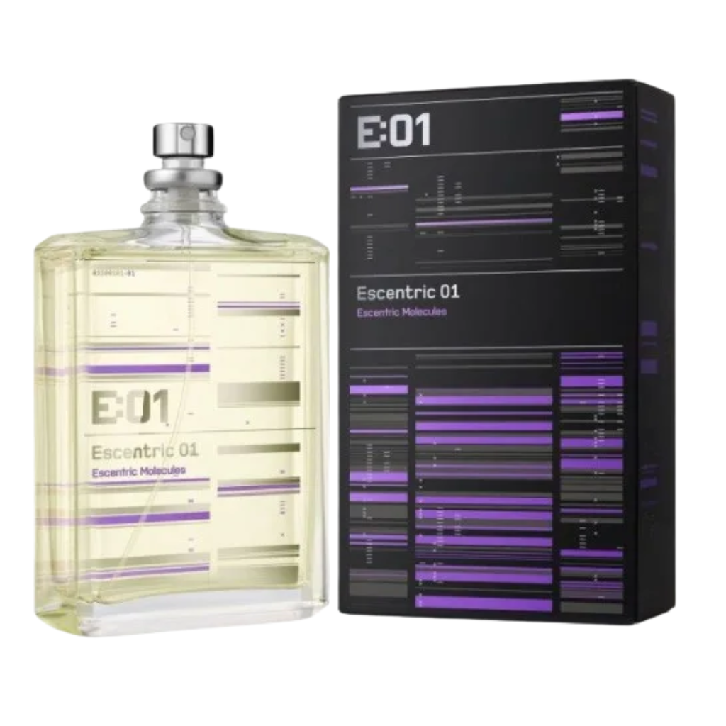 Escentric 01 EDT bottle with clear liquid and black box featuring purple and silver geometric design