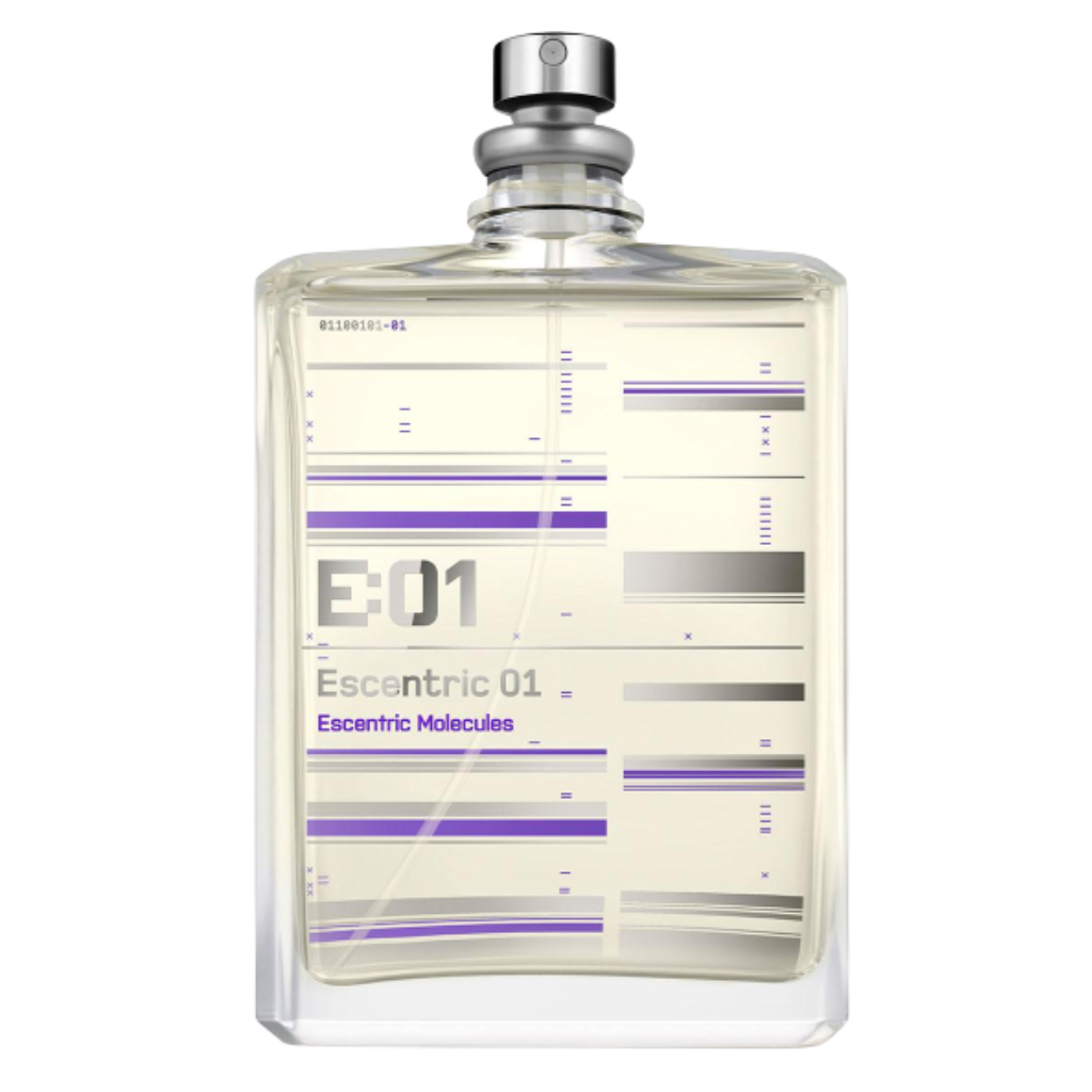 Clear rectangular bottle of Escentric 01 EDT with modern purple and gray geometric design on front label