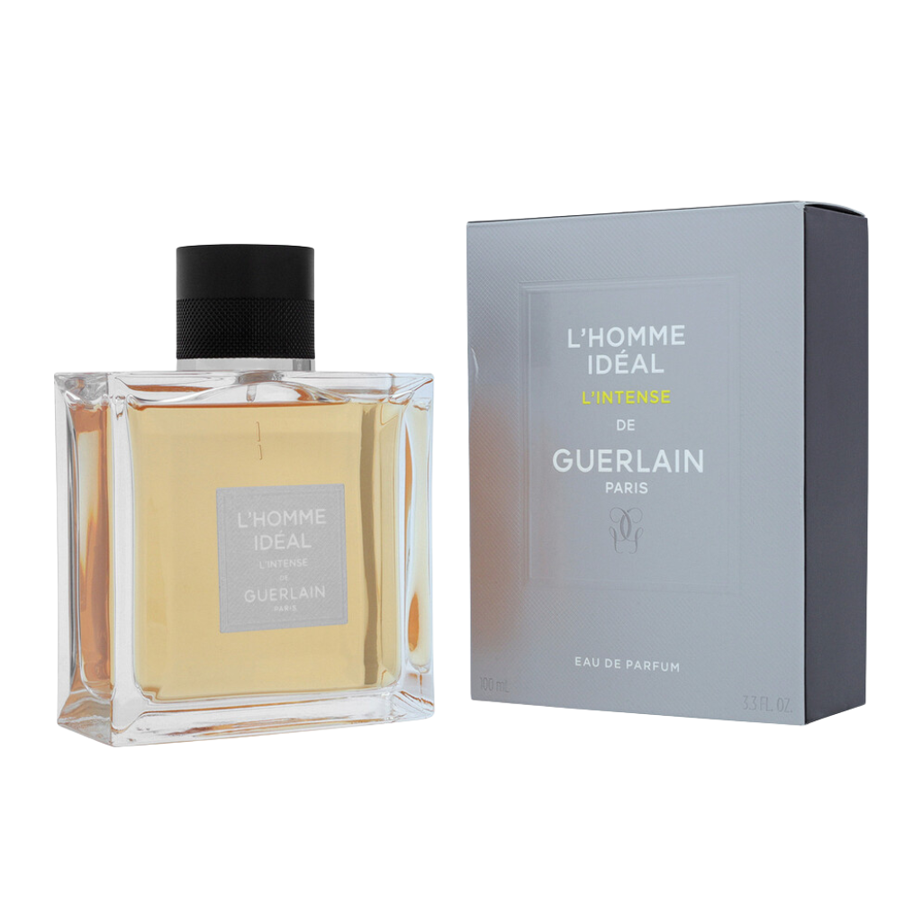 L'Homme Ideal Intense EDP bottle with amber liquid and sleek black cap beside elegant gray packaging box