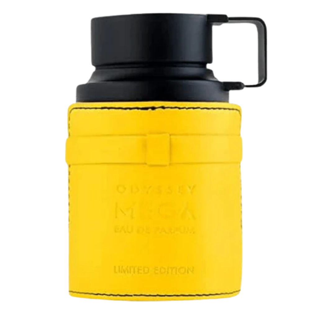 Odyssey Mega EDP fragrance bottle with bright yellow leather cover and black cap, limited edition design.