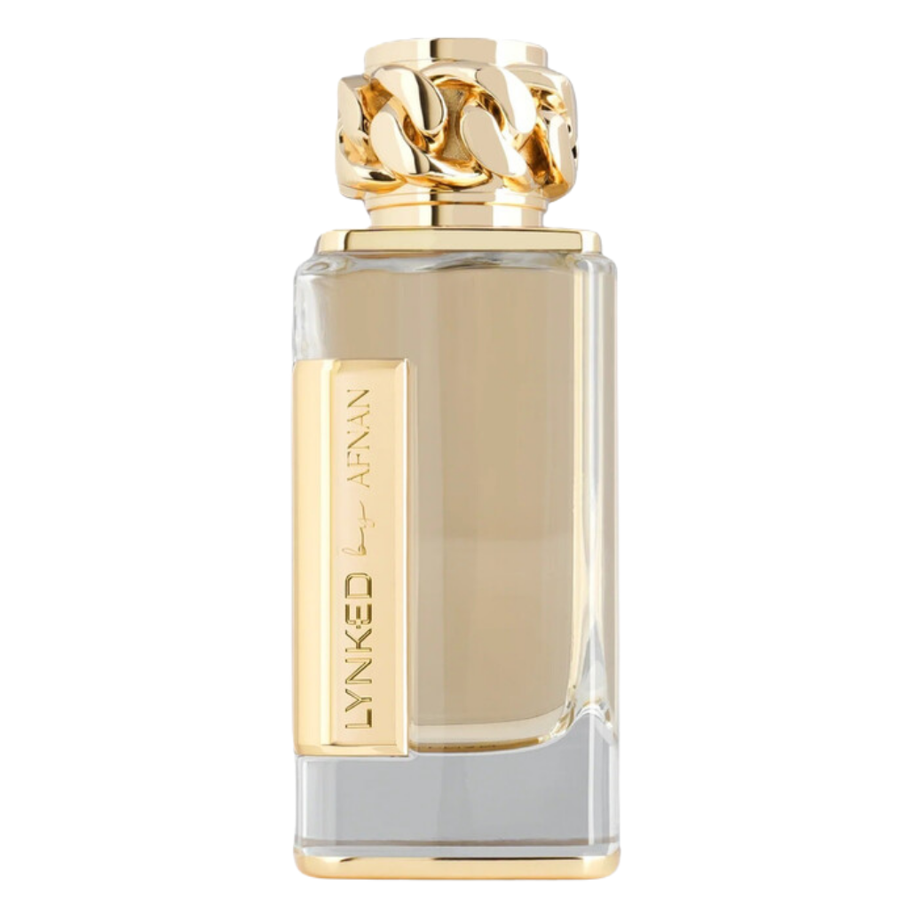 Lynked Forever EDP perfume bottle with gold accents and chain-link cap, elegant luxury fragrance design