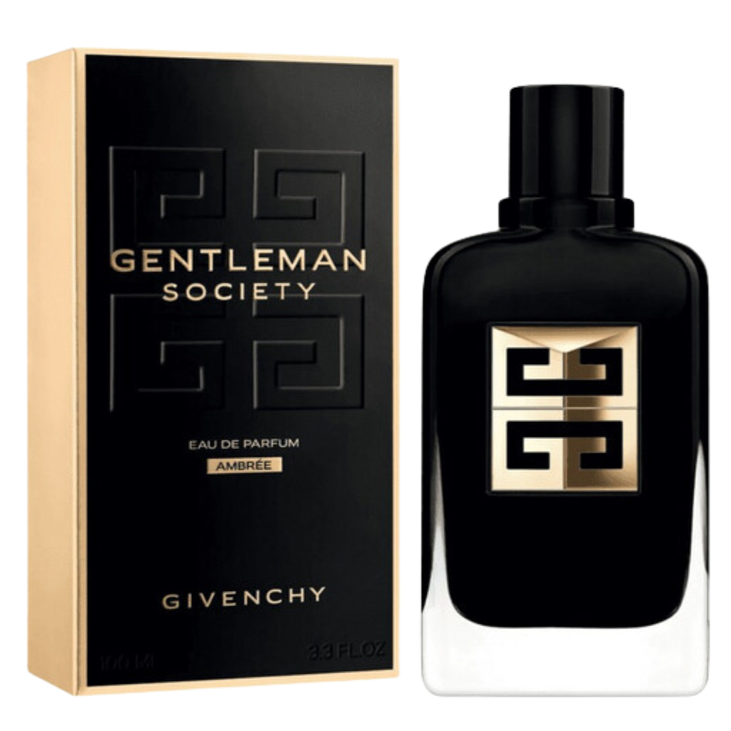 Gentleman Society Ambree EDP perfume bottle next to black and gold luxury packaging by Givenchy