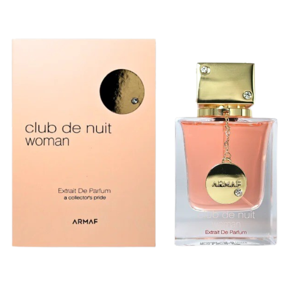 Elegant bottle and packaging of Club De Nuit For Women Extrait de Parfum with gold accents and soft peach tones