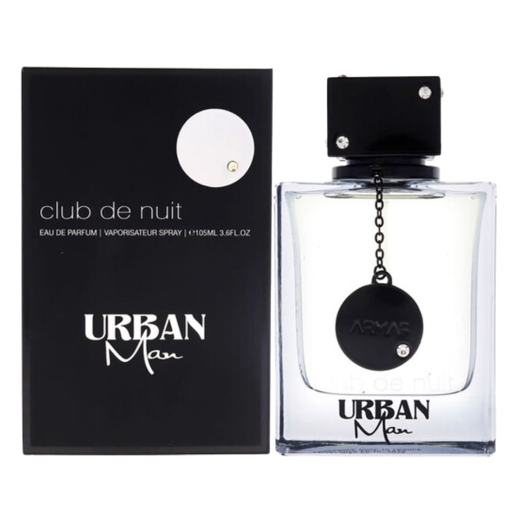 Club De Nuit Urban Man EDP fragrance bottle and black box with minimalist design and silver accents