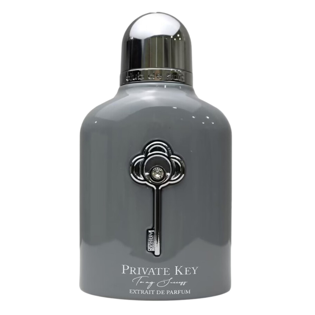 Club De Nuit Private Key Sucess Extrait de Parfum sleek gray bottle with metallic key emblem and silver cap