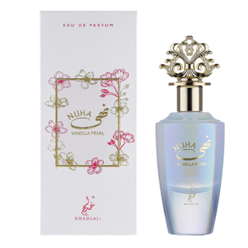 Elegant Nuha Vanilla Pearl EDP perfume bottle with ornate gold cap and floral-themed white packaging box