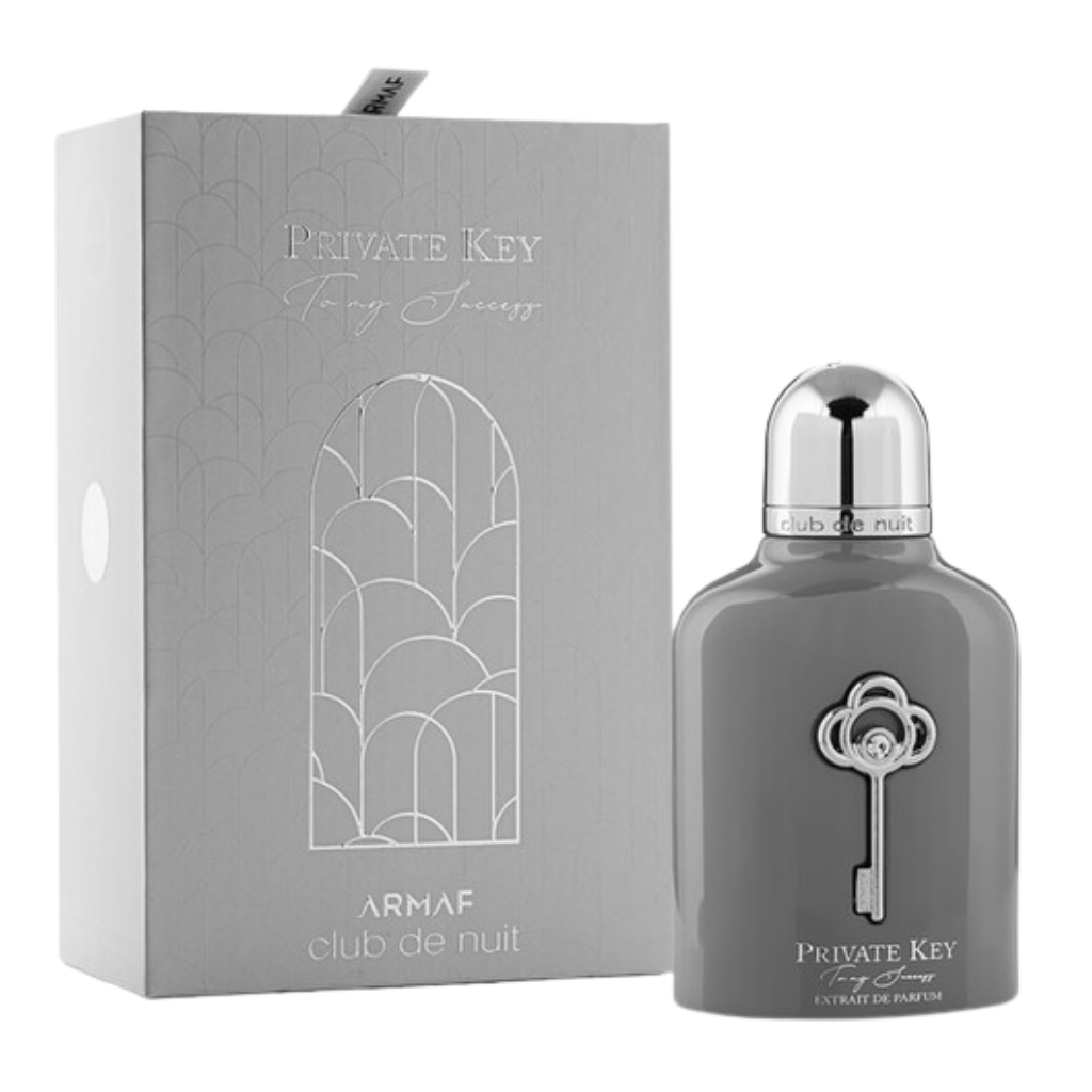 Club De Nuit Private Key Sucess Extrait de Parfum bottle and matching elegant gray box packaging displayed on white background