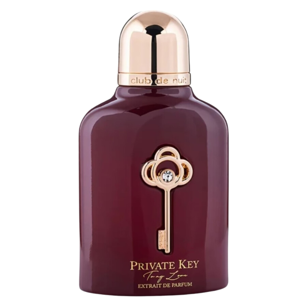 Club De Nuit Private Key Love Extrait de Parfum bottle in deep burgundy with a gold key emblem and cap design