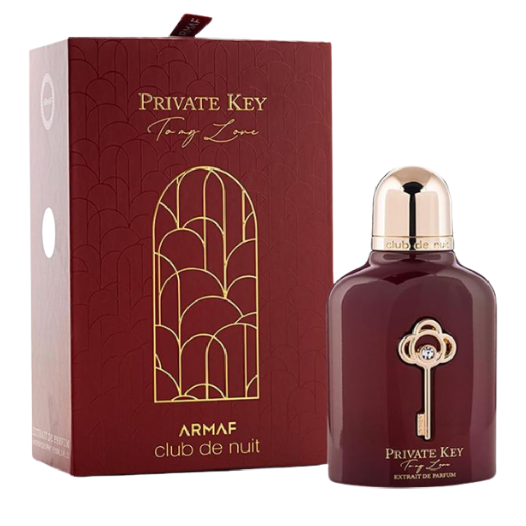 Club De Nuit Private Key Love Extrait de Parfum bottle with gold key design and matching burgundy box packaging