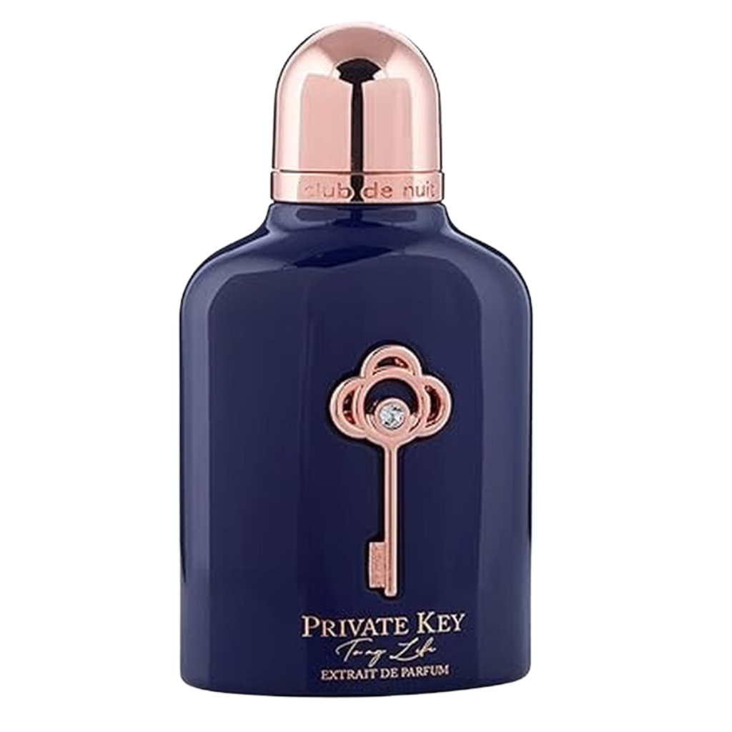 Club De Nuit Private Key To My Life Extrait de Parfum bottle in dark blue with rose gold key and cap design