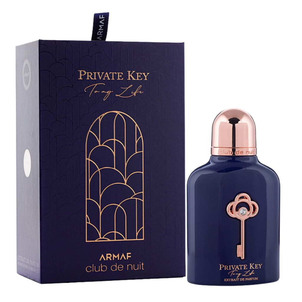 Club De Nuit Private Key To My Life Extrait de Parfum bottle and packaging in dark blue with rose gold accents