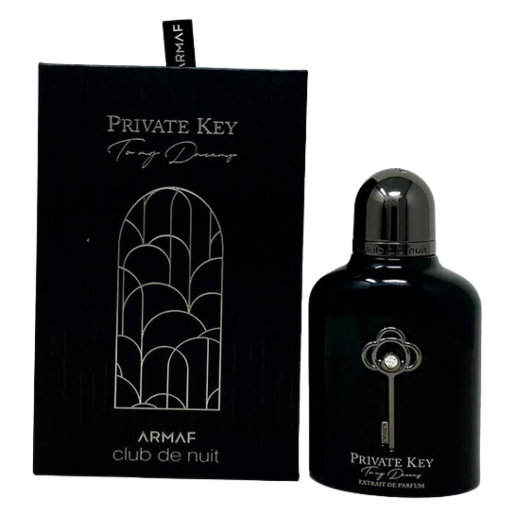 Black bottle and box set of Club De Nuit Private Key To My Dream Extrait de Parfum with elegant key design and silver cap