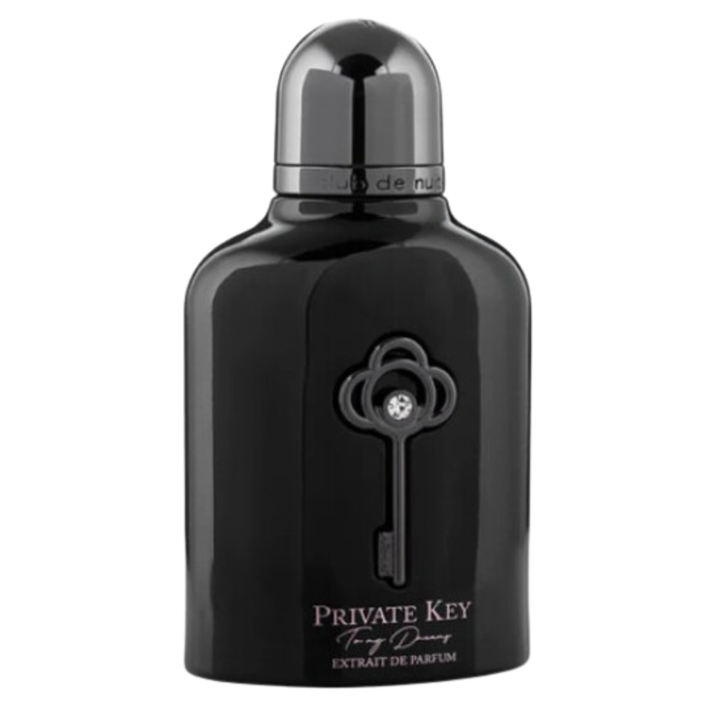 Black glossy perfume bottle with a key design labeled Club De Nuit Private Key To My Dream Extrait de Parfum