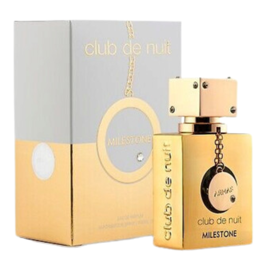 Club De Nuit Milestone EDP gold-colored bottle with decorative chain and matching box for luxury fragrance decants.