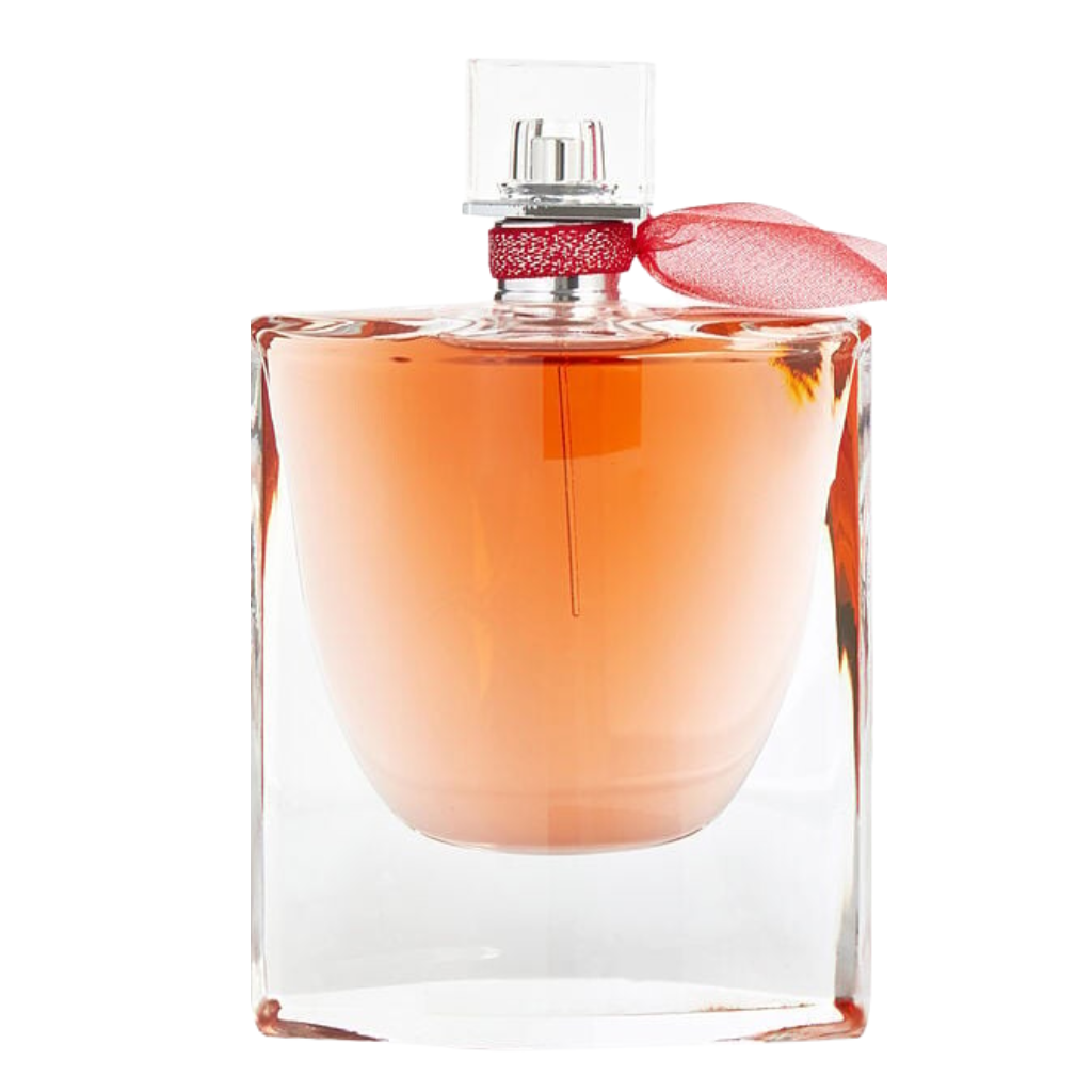 Elegant rectangular glass bottle with amber liquid and a red ribbon featuring La Vie Est Belle Intensement EDP