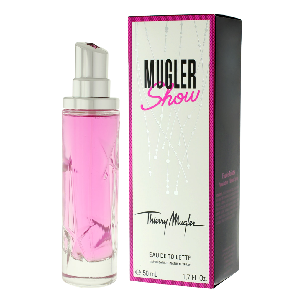Mugler Show EDT perfume bottle with pink liquid next to its black and white designer packaging box
