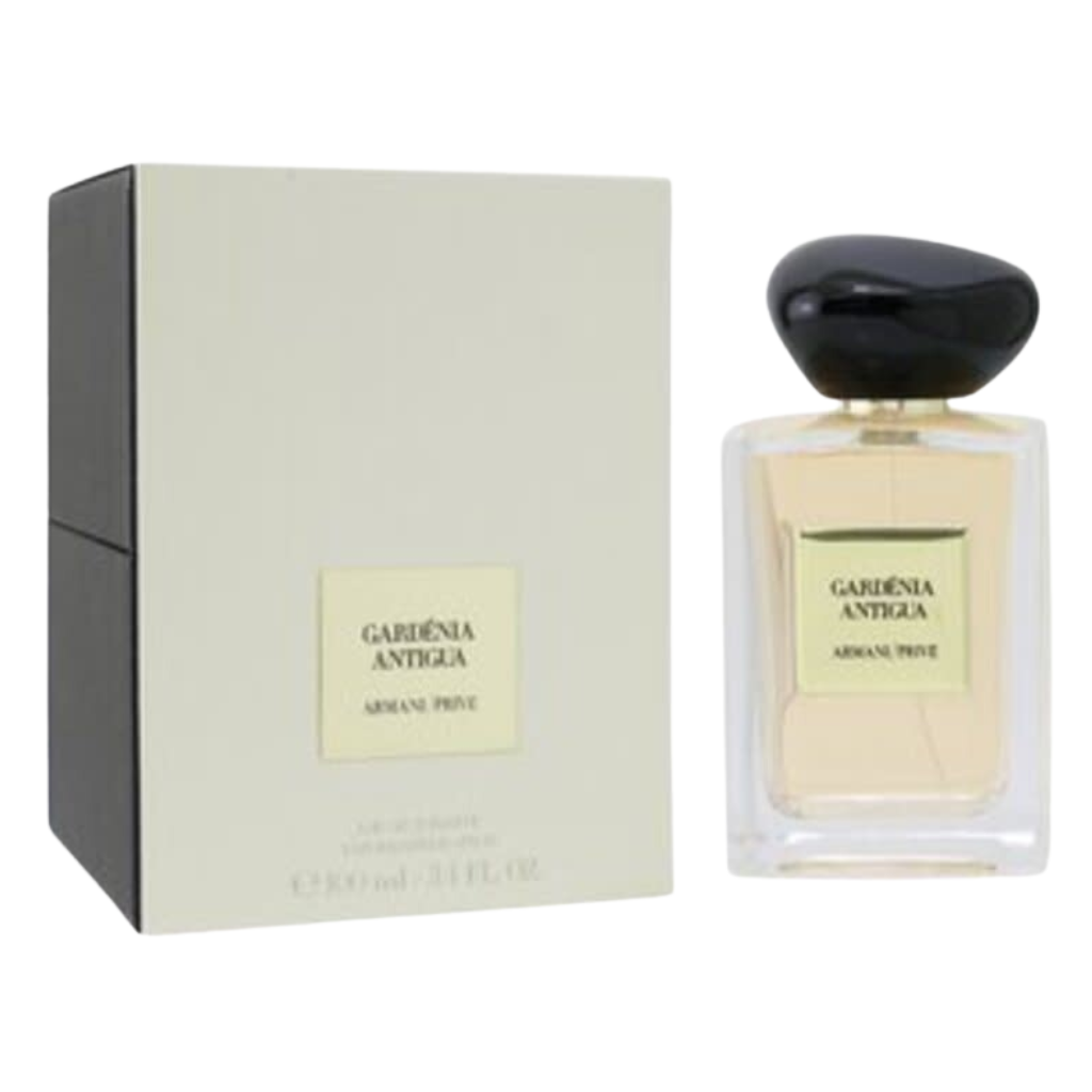 Clear glass bottle with black cap and pale yellow label next to gray box featuring Antigua EDT fragrance name