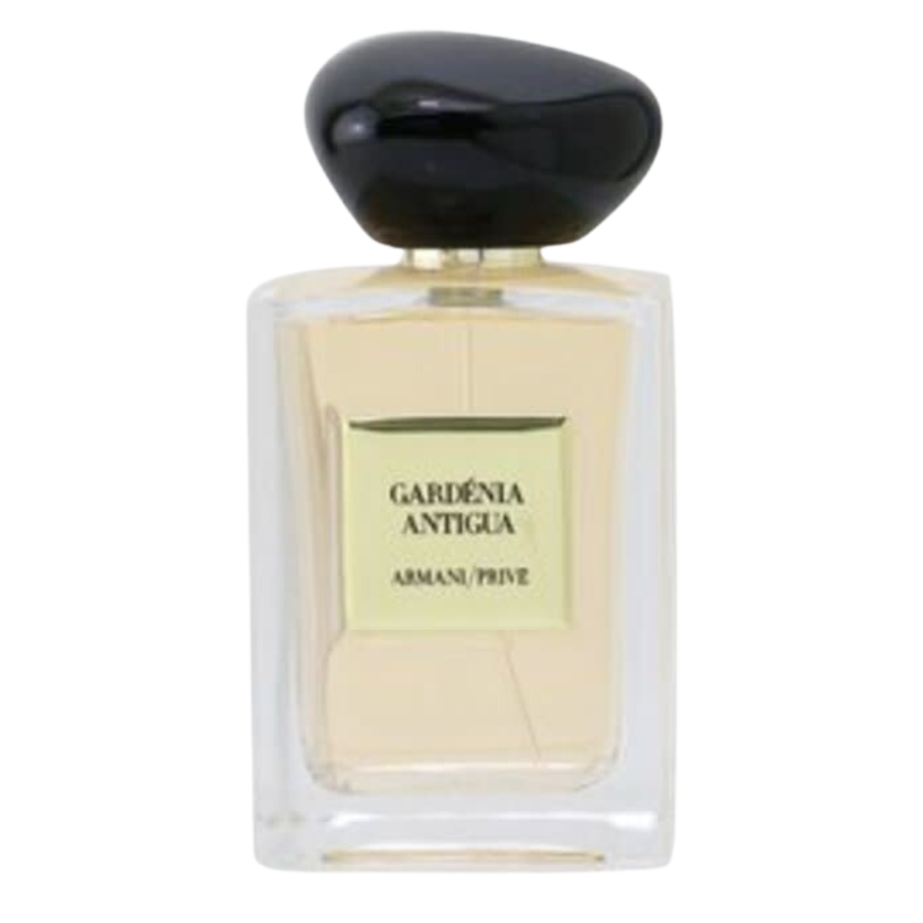 Elegant clear glass perfume bottle with black cap labeled Antigua EDT fragrance by Armani Prive