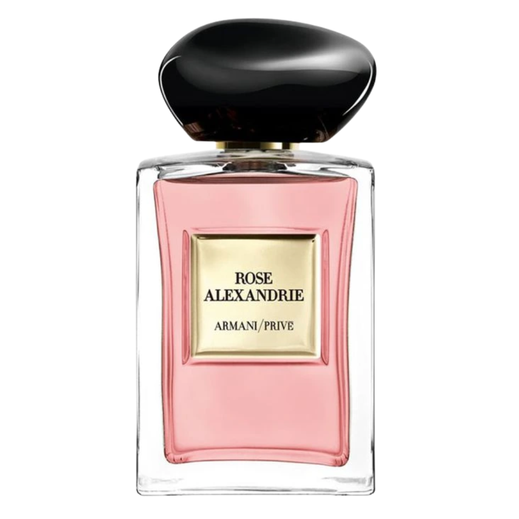 Elegant clear glass bottle with pink liquid and black cap, showcasing Rose Alexandrie EDT fragrance.