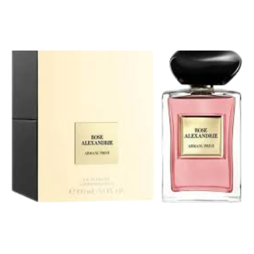 Rose Alexandrie EDT perfume bottle with pink liquid and elegant black cap beside cream and black box packaging