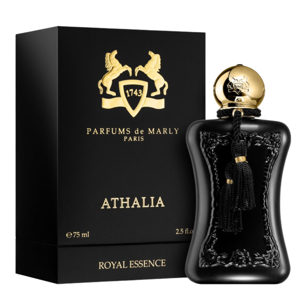 Athalia EDP perfume bottle and black box with gold embossed royal emblem and tassel on bottle neck