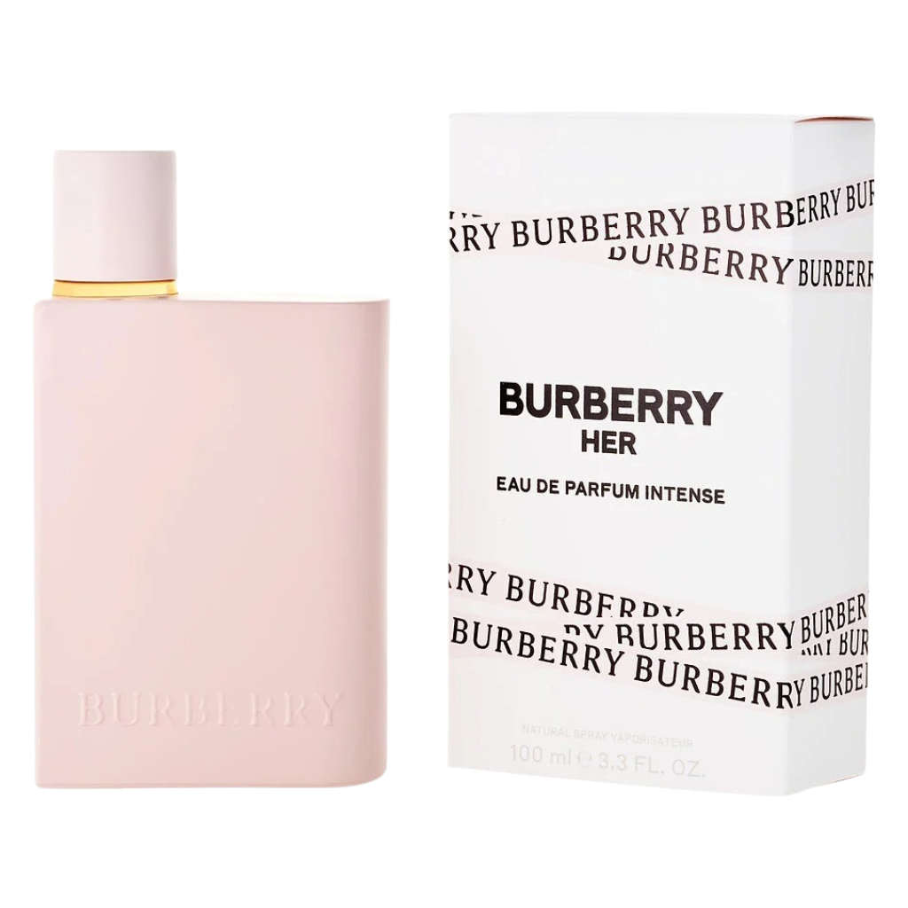 Pink matte Burberry Her Intense EDP bottle next to its white box with black Burberry branding wrap-around text
