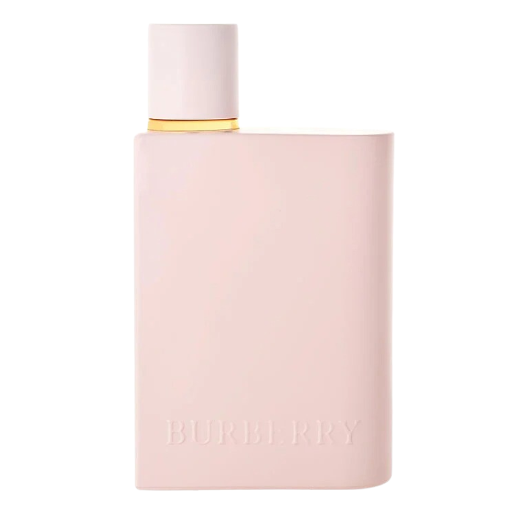 Minimalist pale pink Burberry perfume bottle with gold accent, showcasing Her Intense EDP fragrance design.
