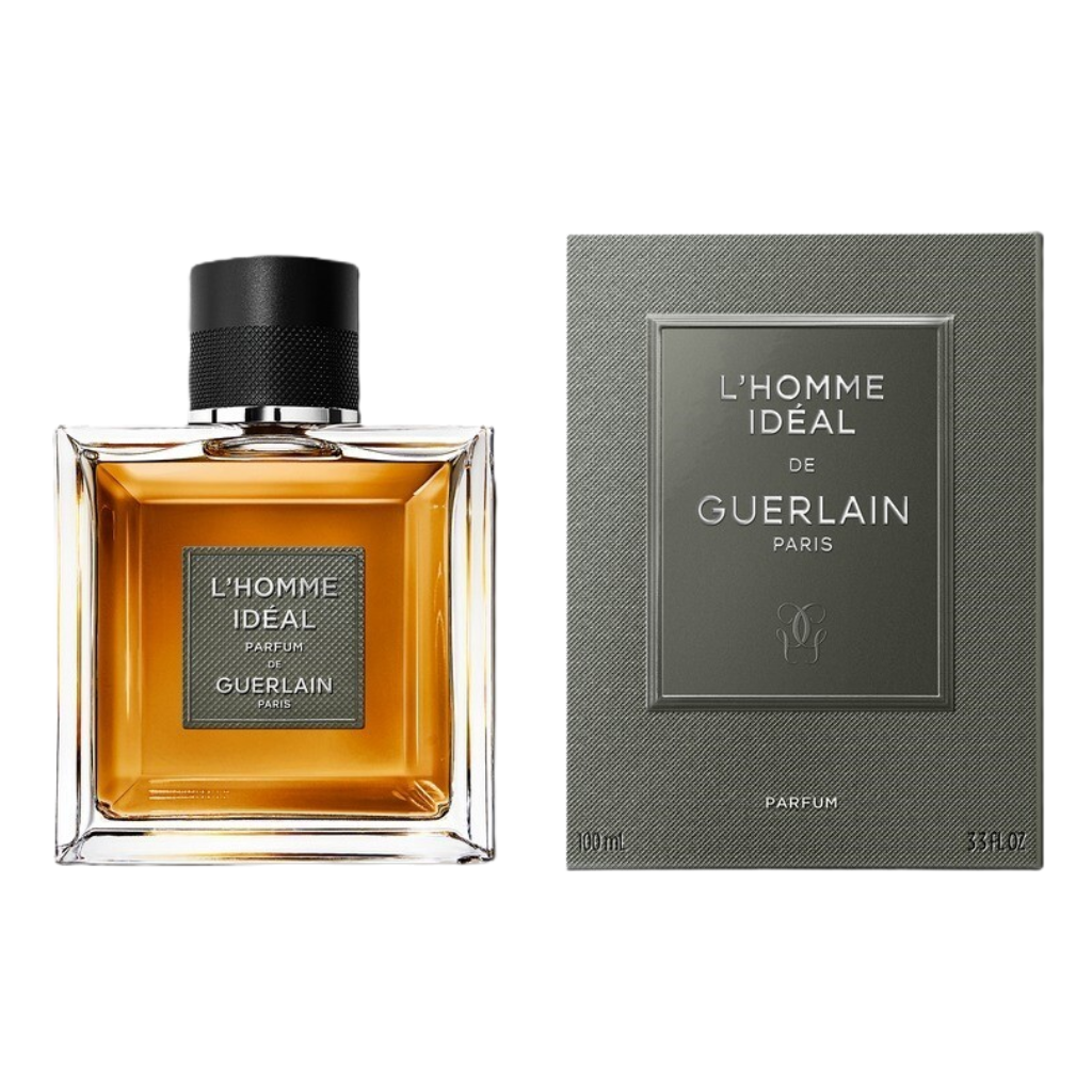 L'Homme Ideal EDT perfume bottle with amber liquid and textured gray luxury box packaging side by side