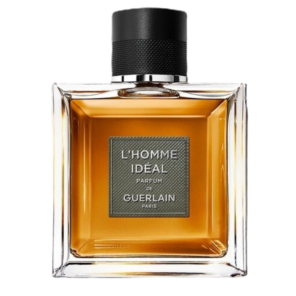 L'Homme Ideal EDT fragrance bottle with amber liquid and textured gray label for a refined scent experience
