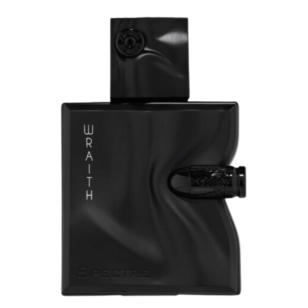Black sculpted bottle of Spectre Wraith EDP with a textured cap and minimalist vertical lettering design.
