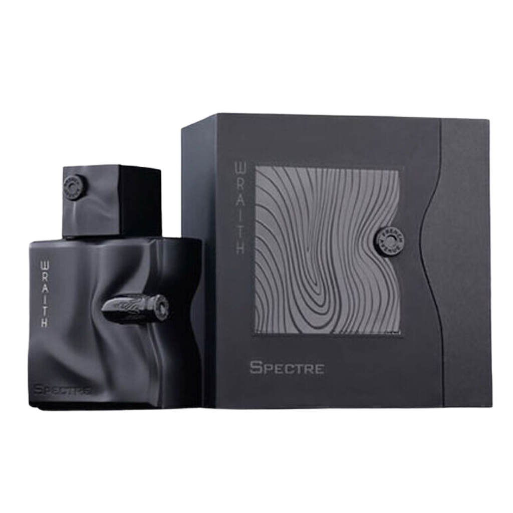 Spectre Wraith EDP black sleek bottle and matching box with modern textured design for niche fragrance collection