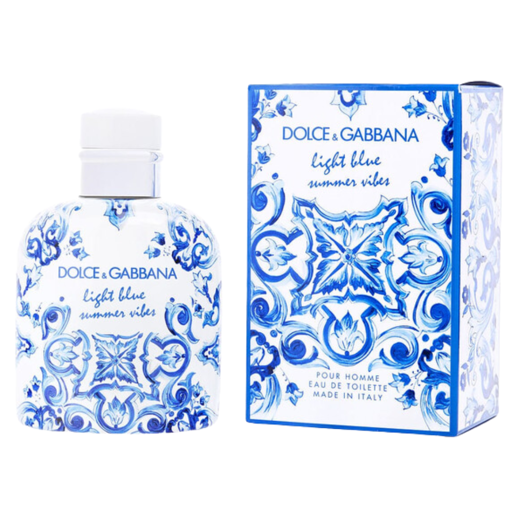 Dolce & Gabbana Light Blue Pour Homme Summer Vibes EDT bottle and box with blue floral patterns on white background