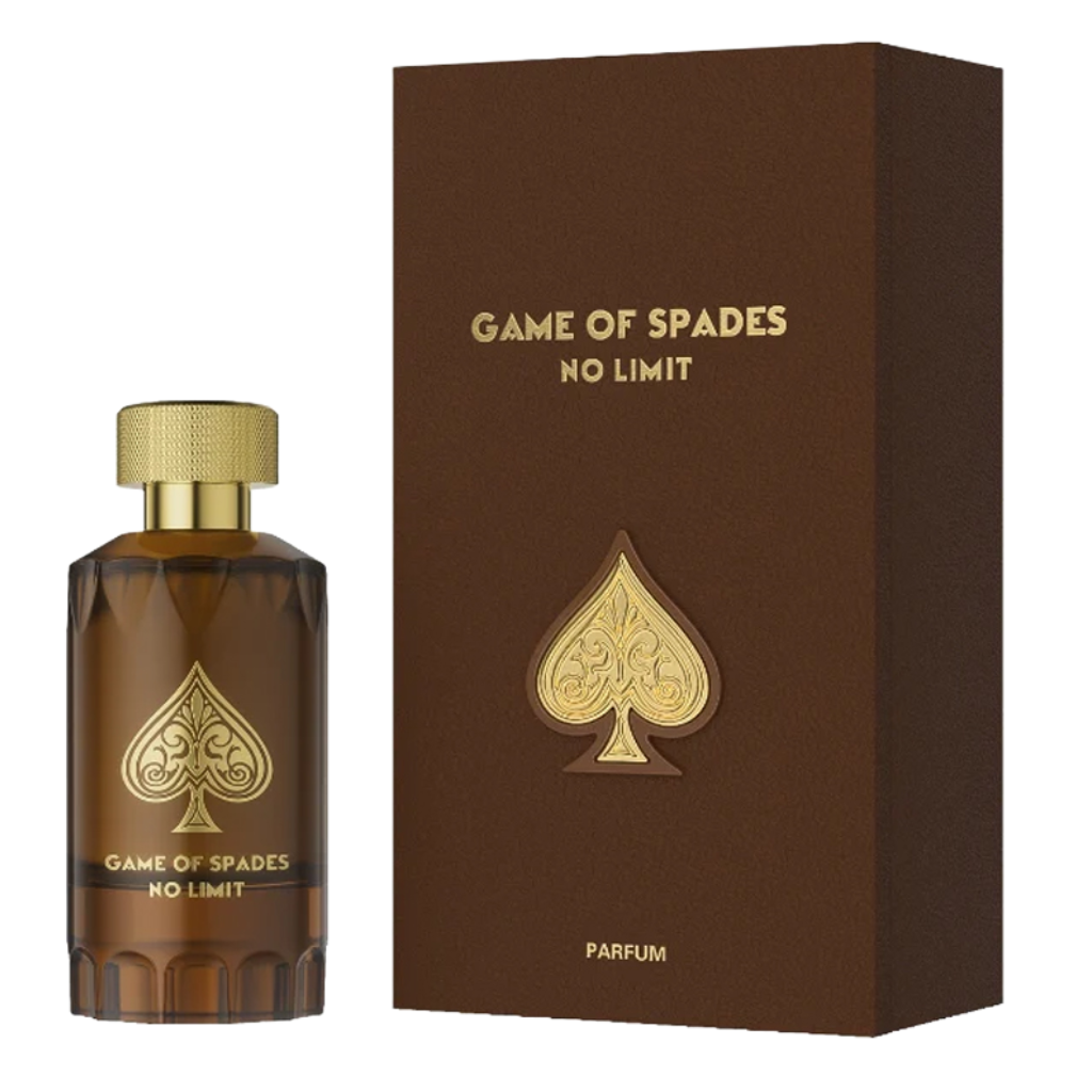Game Of Spades No Limit Parfum bottle and matching dark brown box with gold spade design and text luxury fragrance packaging
