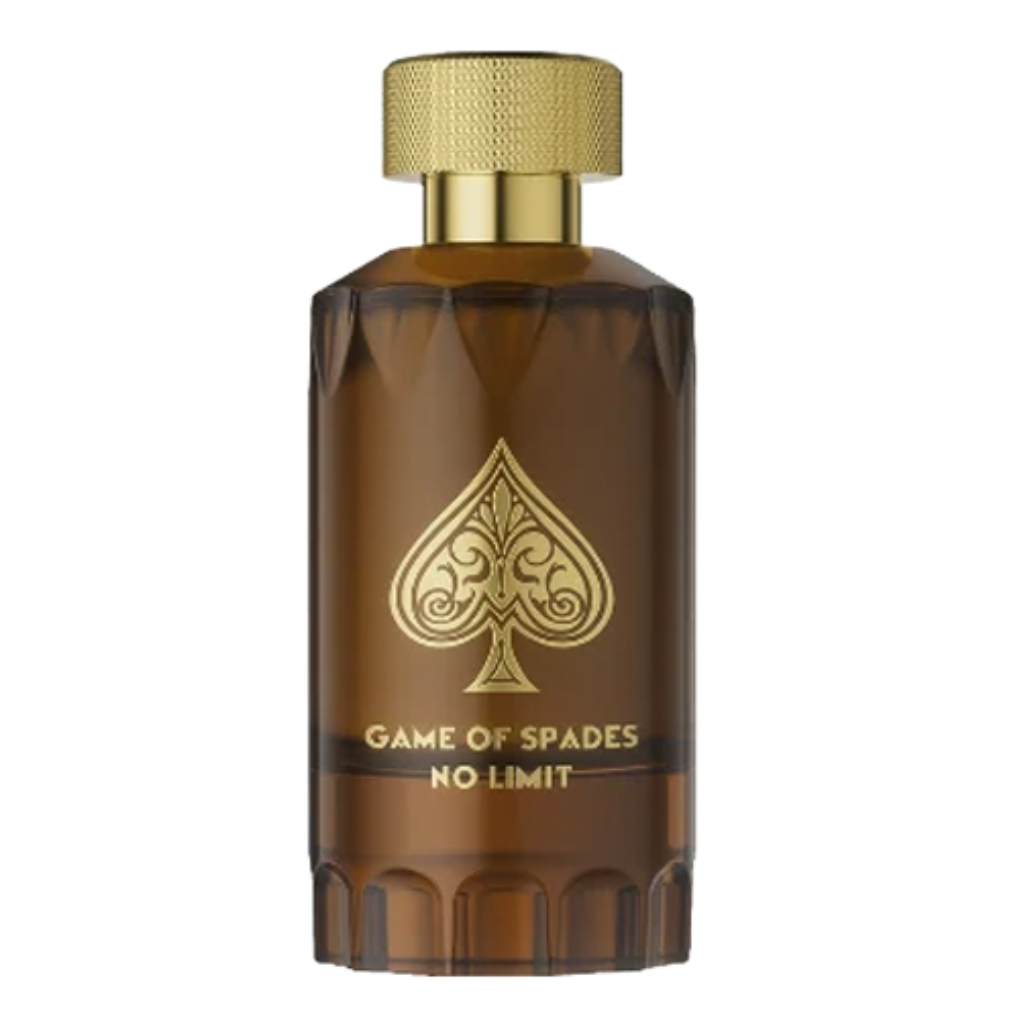 Amber glass bottle with gold cap and spade emblem labeled Game Of Spades No Limit Parfum