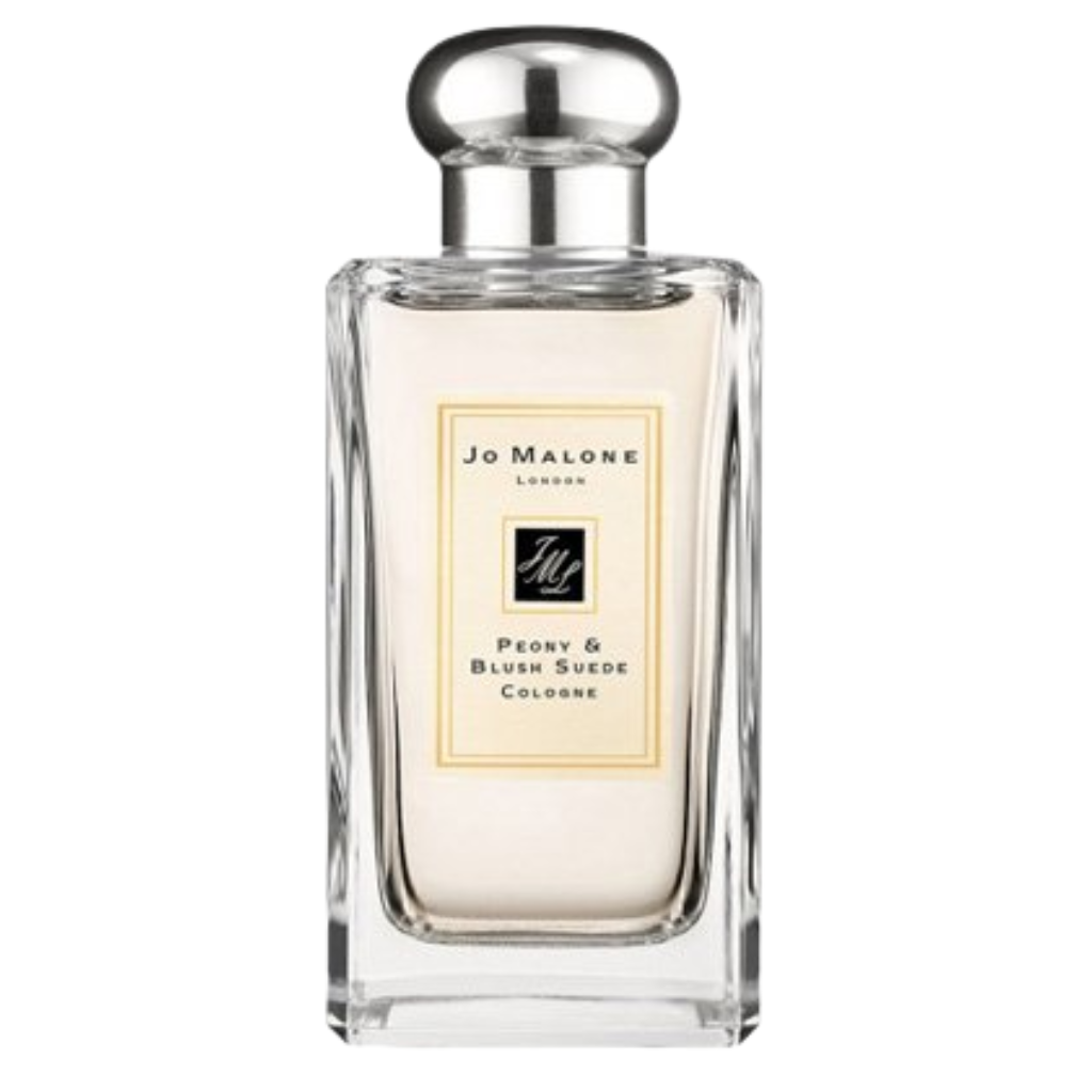 Elegant clear glass bottle of Peony & Blush Suede Cologne with silver cap and minimalist label design