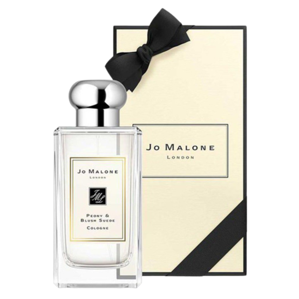 Clear Jo Malone bottle and elegant cream box with black bow for Peony & Blush Suede Cologne luxury fragrance.