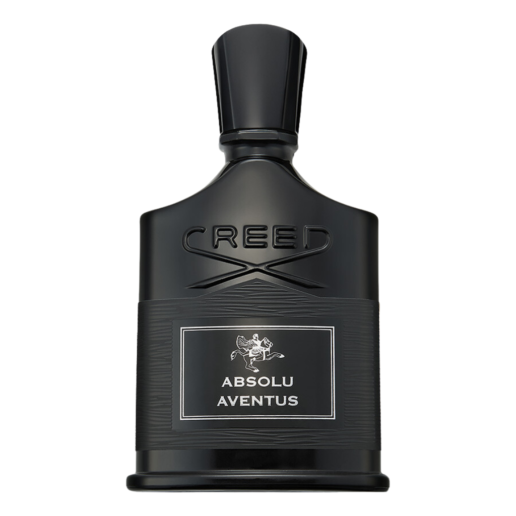 Black sleek bottle of Absolu Aventus EDP fragrance with textured label and cap against a white background