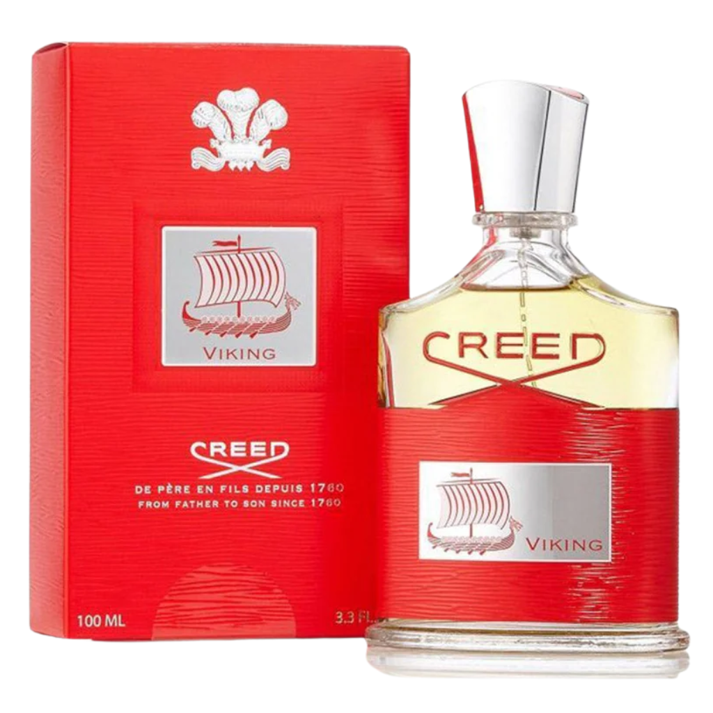 Viking EDP fragrance bottle with red label and matching red box featuring a Viking ship design and silver accents