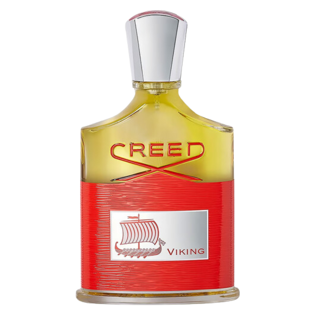 Viking EDP fragrance bottle with red and silver accents featuring a Viking ship design and silver cap