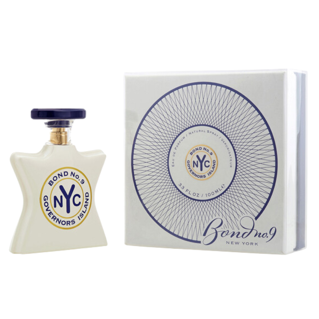 Governors Island EDP perfume bottle and packaging with navy blue and gold accents, luxury fragrance decant display