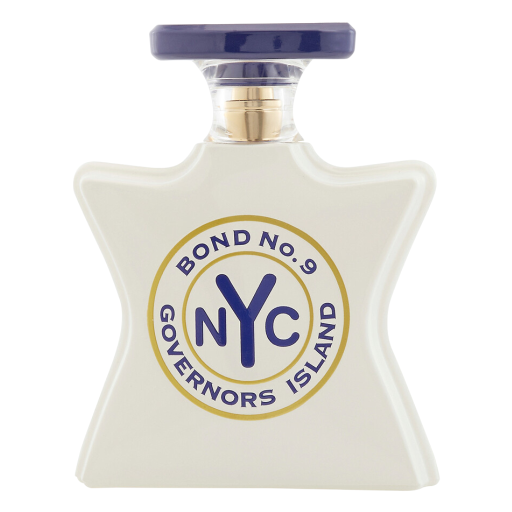 White star-shaped perfume bottle with navy blue cap and circular logo reading Governors Island for Governors Island EDP