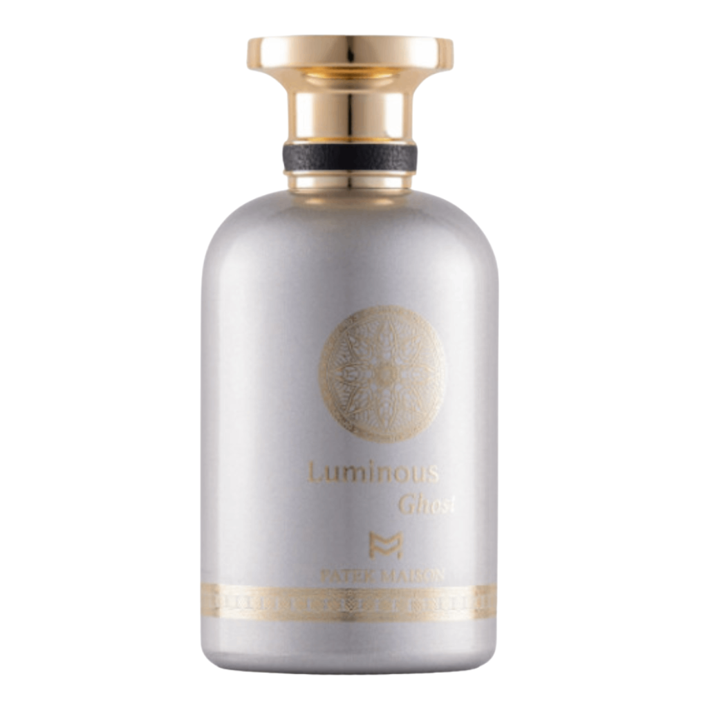 Silver and gold elegant bottle of Luminous Ghost EDP fragrance with a matte finish and intricate logo design