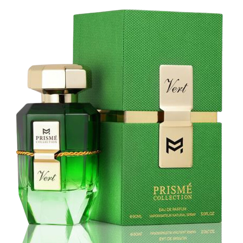Prisme Vert EDP perfume bottle and green textured box with gold accents, luxury niche fragrance presentation.
