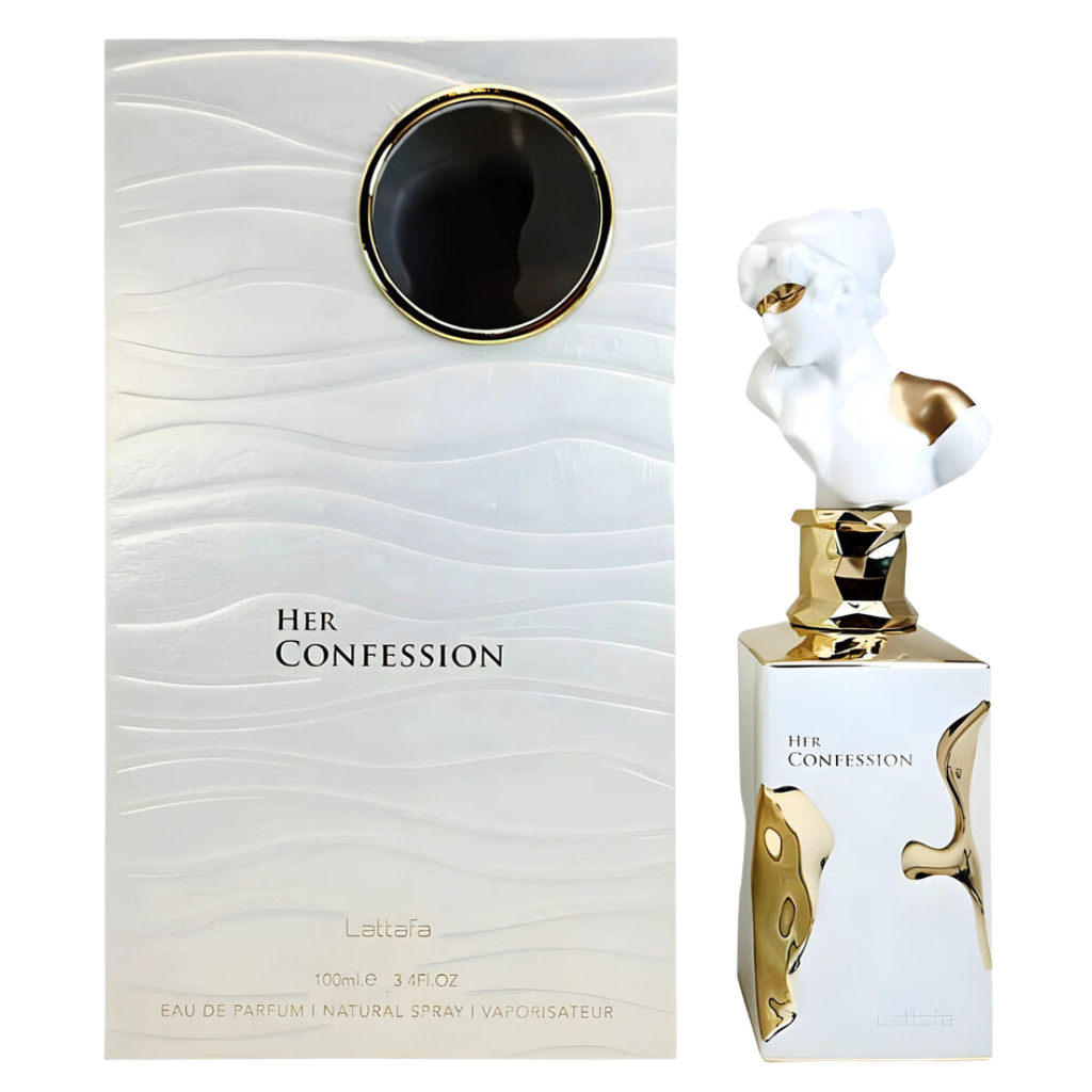 Her Confession EDP perfume bottle with sculpted white and gold design next to matching elegant white wave-textured box