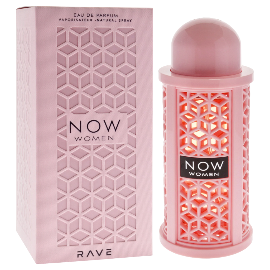 Pink decorative perfume bottle and matching box with geometric cut-out design for Rave Now Women EDP fragrance.