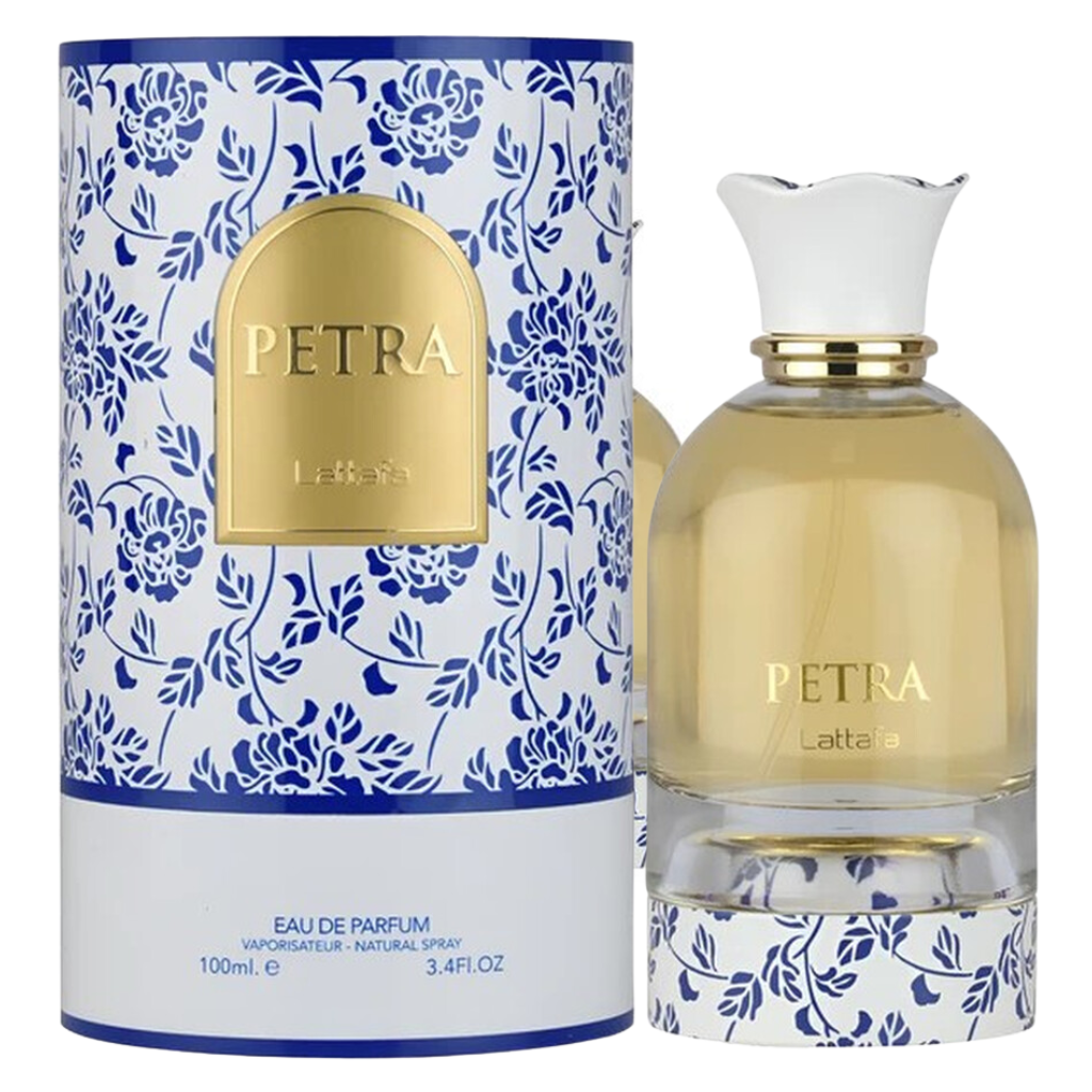 Petra EDP perfume bottle with floral blue and white packaging, elegant design with gold accents and white cap