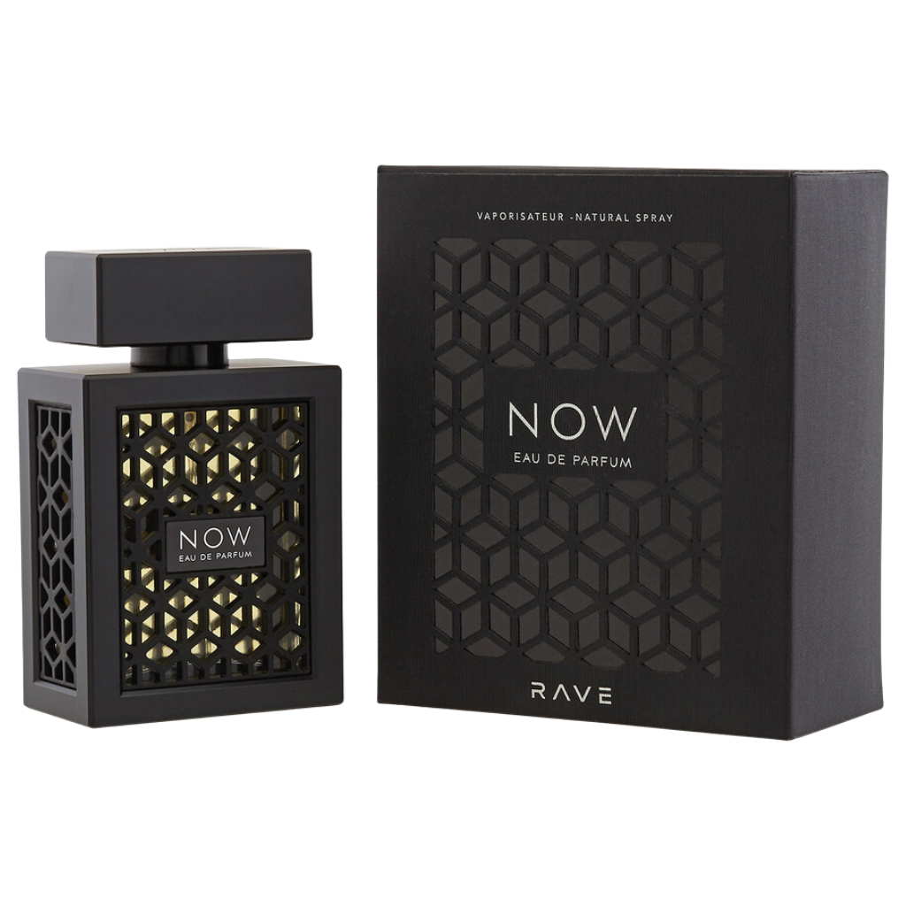 Black and gold Rave Now Men EDP perfume bottle with matching box featuring geometric pattern and modern design.