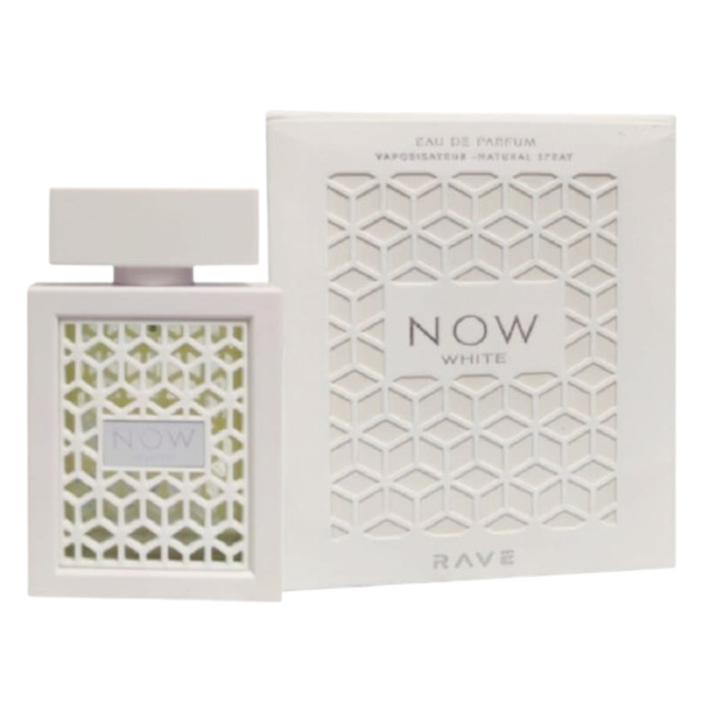 Rave Now White EDP perfume bottle and box with geometric pattern in sleek white packaging design
