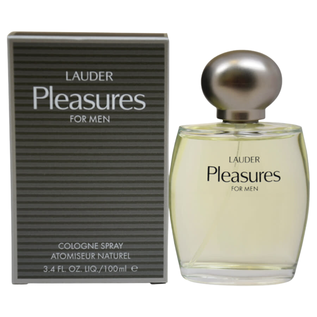 Clear glass bottle of Pleasures EDC cologne spray for men beside dark striped packaging box on white background